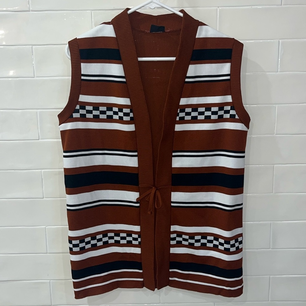 Vintage Sweater Vest Knit Tie Front Mod Festival Boho Stage 7 Striped Checkered